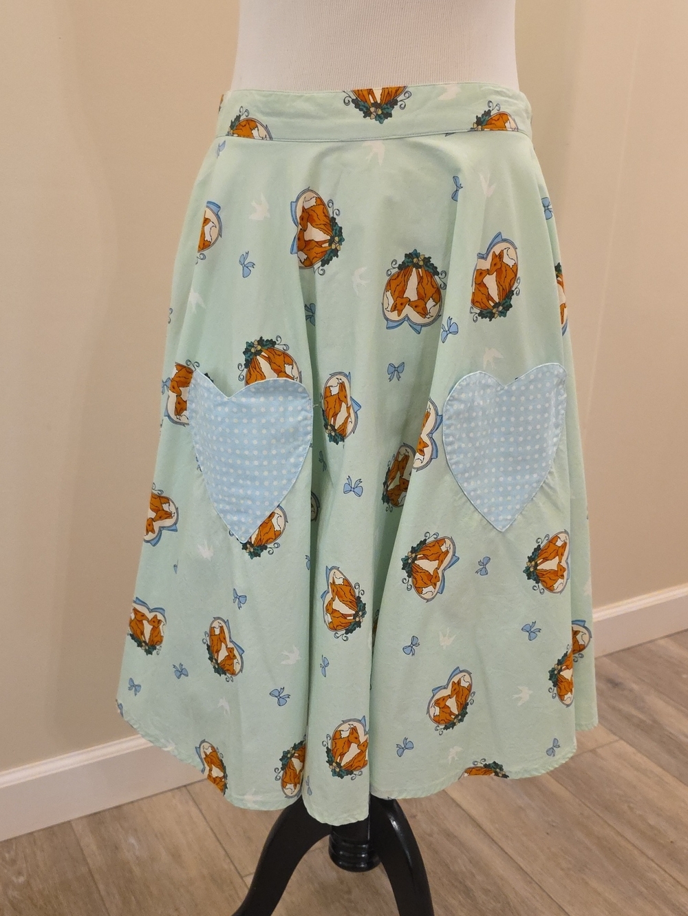 Hell Bunny Mint Green Fox Print Circle Skirt with Blue Heart Pockets